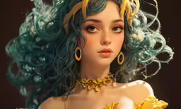 there is a young woman with bright blue hair