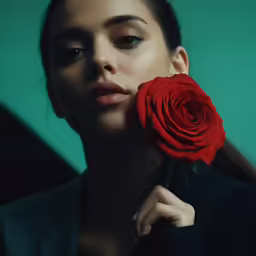 woman with dark make - up holding a rose in one hand