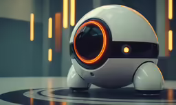 a white robot with glowing eyes sitting on the floor