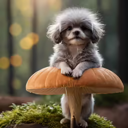 the dog sits on the mushroom