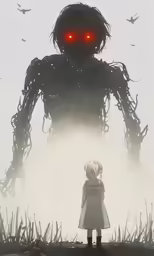 a anime character standing in front of a giant monster