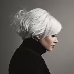 a woman with white hair and black coat