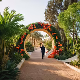 a man walking down a walkway with fruit decorations