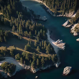 a river in a valley surrounded by trees and sand