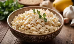 a bowl filled with tofu sitting next to garlic, garlic and herbs