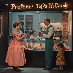 a couple and their little girl in front of a candy shop
