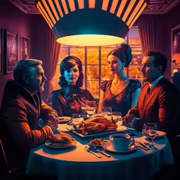 a group of people sitting at a table with plates and drinks
