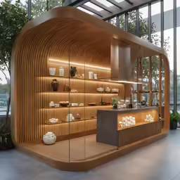 the inside of a well decorated store with wooden shelves and a wall