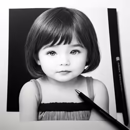 the little girl has a large pencil to her mouth
