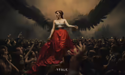 a woman in red and white dress with black birds behind her