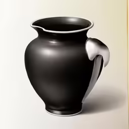 a black vase sitting on top of a white table