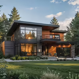 an outdoor house with large windows and plants