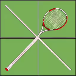 two different tennis racquets on a green surface,a drawing of a pair of tennis rackets,two different designs of a tennis racket and ball,three tennis rackets one red the other white,a photo of two tennis rackets and a ball