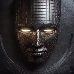 an artistic mask with lots of dark grey mesh covering it