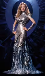 the lady is walking down the runway wearing a silver gown