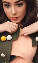 a woman with brown hair is wearing a uniform