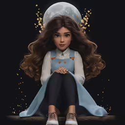 a girl wearing a dress and sneakers sitting on a ledge in front of the moon