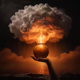 a photo of a vase on a table with a lot of clouds and water
