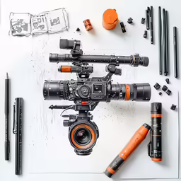 a camera sitting on top of a table with some different gadgets around it