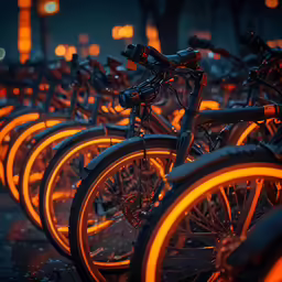 there are many bikes with bright lights in the background