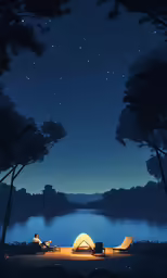 a camping area with two tents on a lake