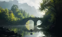 the bridge that is above the water with a group of people