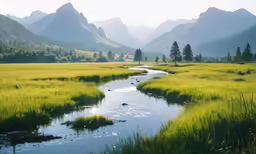 a creek meanders through the grass in the middle of a meadow