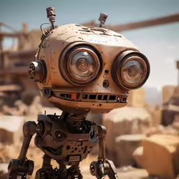 a robot with four glowing eyes standing in a junk yard