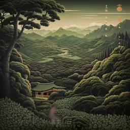 asian painting of mountains and a building,there is a picture of a green landscape with hills and trees
