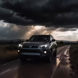 a vehicle driving down a road with a sky filled with clouds