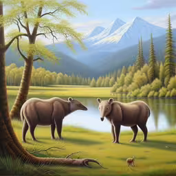 two rhinos in the green grass near trees and water,painting of two rhinos in an alpine scene with mountain, pond and trees,a painting of a rhino and its baby by the lake,painting of rhinos and deer near water, mountains and trees,the rhinoceros are talking in a forest scene