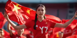 a young girl holding up two chinese flags