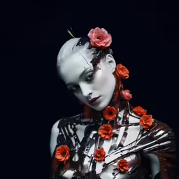 a woman in silver and red dress with flowers in her hair