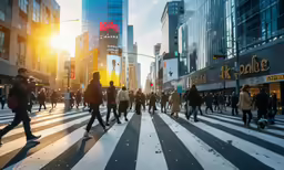 people cross the street in a city at sunset