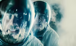 an older man dressed in white is reflected in a mirrored looking helmet