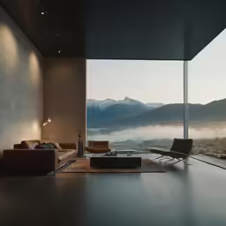 living room with mountains in the background and glass walls