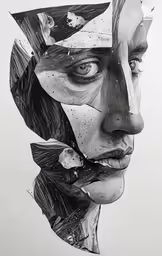 a black and white drawing of a woman with different facial markings