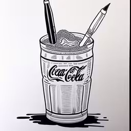 a pen and coke drink are placed next to each other,a drawing of an empty coffee cup with a crayon sticker on it