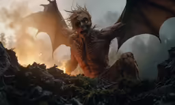 a demonic creature with large wings, spreading fire while standing on the ground