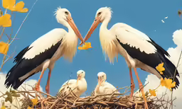 three white birds are in a nest and have yellow leaves