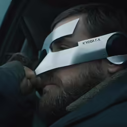 the man is wearing a pair of futuristic metal eye goggles