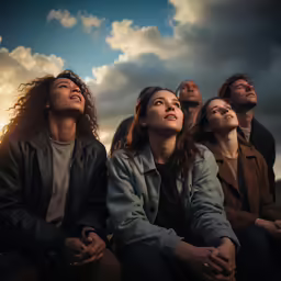 a group of people sitting against the sky