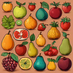 a drawing of fruits that are in a circle,a drawing of many fruits including apples, pears, and grapes