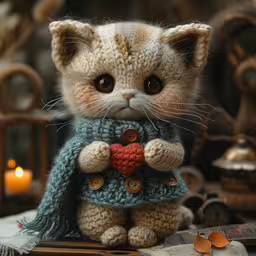 a stuffed animal cat sitting on top of a table,a small stuffed animal that has been crocheted