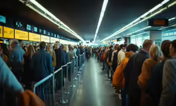 a long line of people waiting in line to get on the train