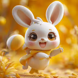 a small rabbit has big eyes and is playing with something,a small toy is playing with a ball