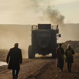 three people walking on the dirt road in front of an old truck