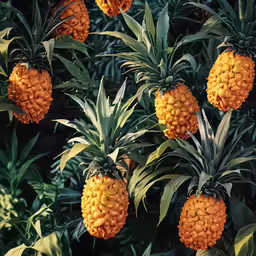 an assortment of pineapples are hanging in a cluster