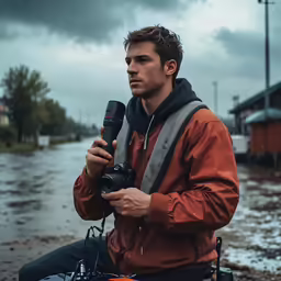 a man holding a camera in a puddle