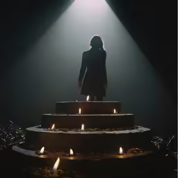 a woman in black is standing on a set of steps